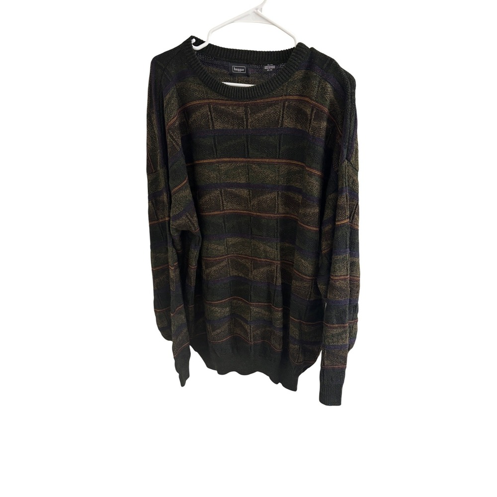 Haggar Mens Plaid Stripe Knit Sweater Crew Neck Long Sleeve XL Green Brown